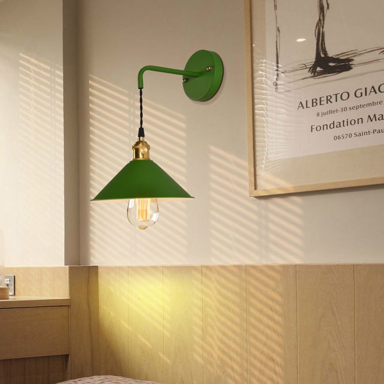 1-Lights Macaroon Style Simplicity Wall Lamp Metal Cone Shade Bedroom Sconce Light with Brass Rotary Switch