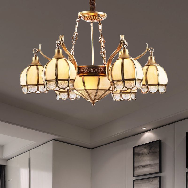 Gold Flower Shaped Chandelier Lighting Colonial Frosted Glass 9 Lights Living Room Hanging Pendant Lamp