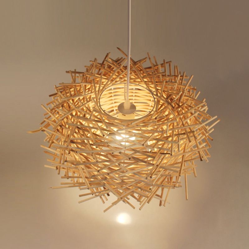 Nest Shaped Bamboo Pendant Light Fixture Asian 1 Head Suspension Light for Dining Room