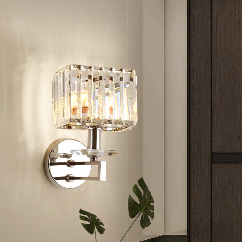 Cubic Wall Light Contemporary Metal 1 Light Chrome Finish Wall Sconce Fixture with Clear Crystal Block