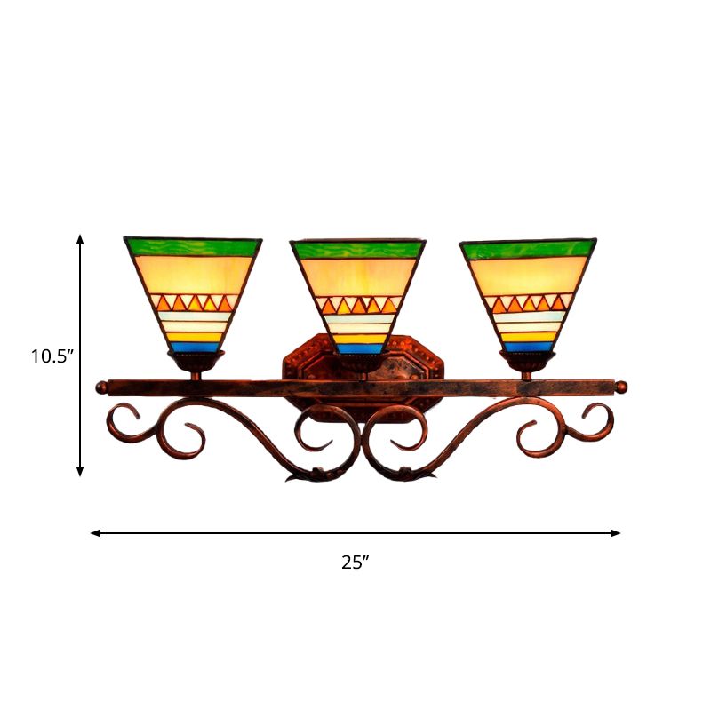 Bell/Pyramid Shaped Wall Light Fixture Mission Stained Glass 3 Heads Blue/Green Vanity Lighting