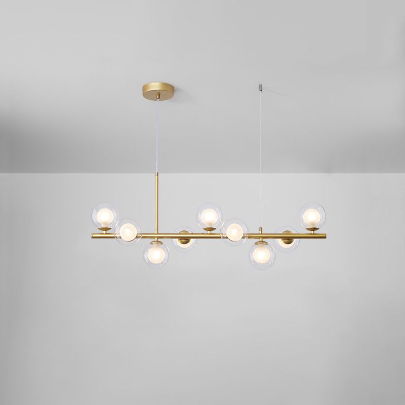 Scandinavian Brass 9-Light  Kitchen Island Light Linear Chandelier with Frosted Glass Shades