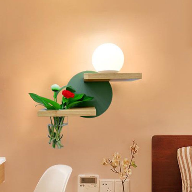 Simple Globe Sconce Fixture 1 Light Wooden LED Wall Lamp in Grey/White/Green for Living Room, Left/Right