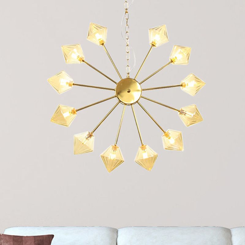 Diamond Shade Hanging Lighting Industrial Amber/Clear Glass 6/9/12 Heads Living Room Chandelier Lamp in Black/Brass/Copper