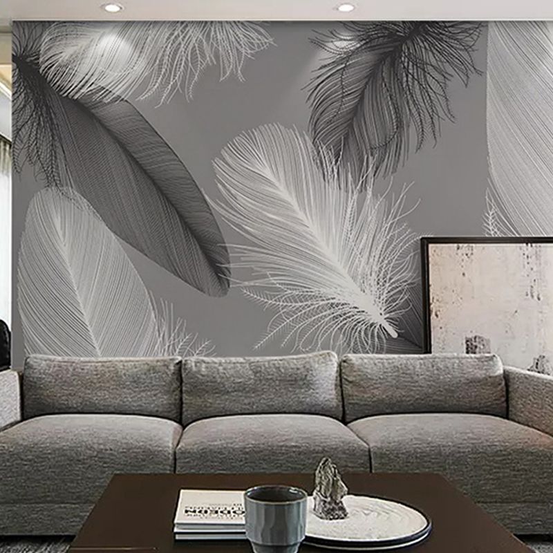 Whole Feather Mural for Living Room Fantasy Texture Wall Art in Grey, Stain-Resistant
