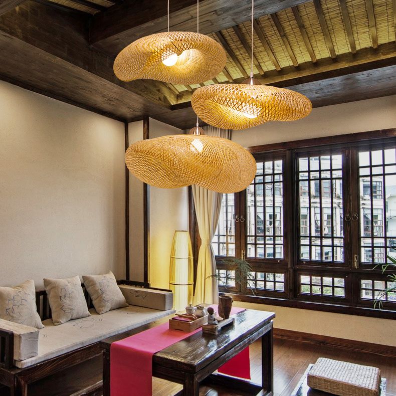 Beige Hat Shaped Pendant Lighting Fixture Asia Style Bamboo Hanging Pendant Light