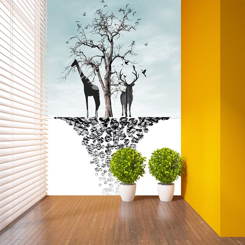Blue-Black Art Deco Murals Full Size Path to Deer and Bare Tree Painting Wall Covering for Accent Wall