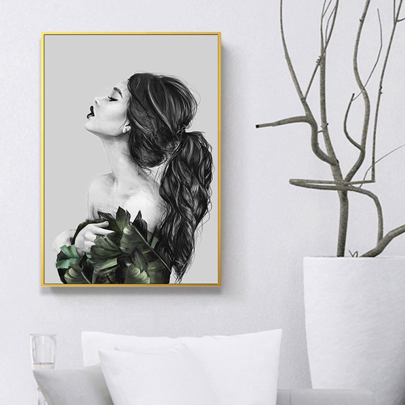 Girl's Portraiture and Leaf Art Textured Glam Style for Girls Bedroom Wall Decor