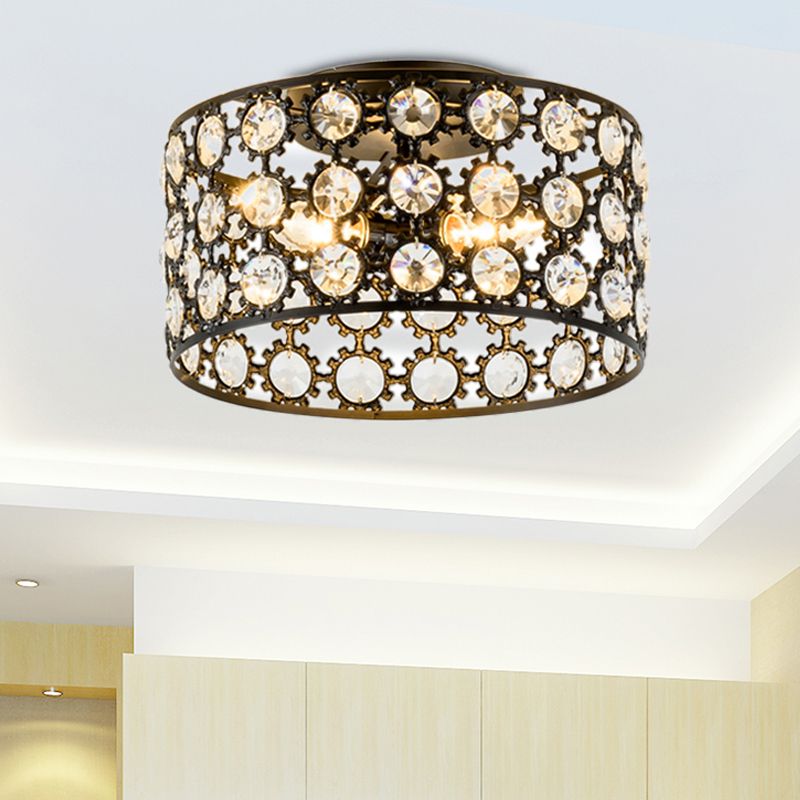 Modern 3 Lights Ceiling Light with Metal and Crystal Black Cylinder Flush Mount Light