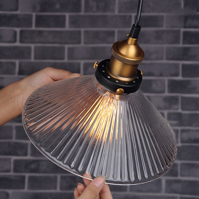 Conical Cafe Pendant Light Industrial Clear Glass 1-Bulb Brass Hanging Ceiling Light