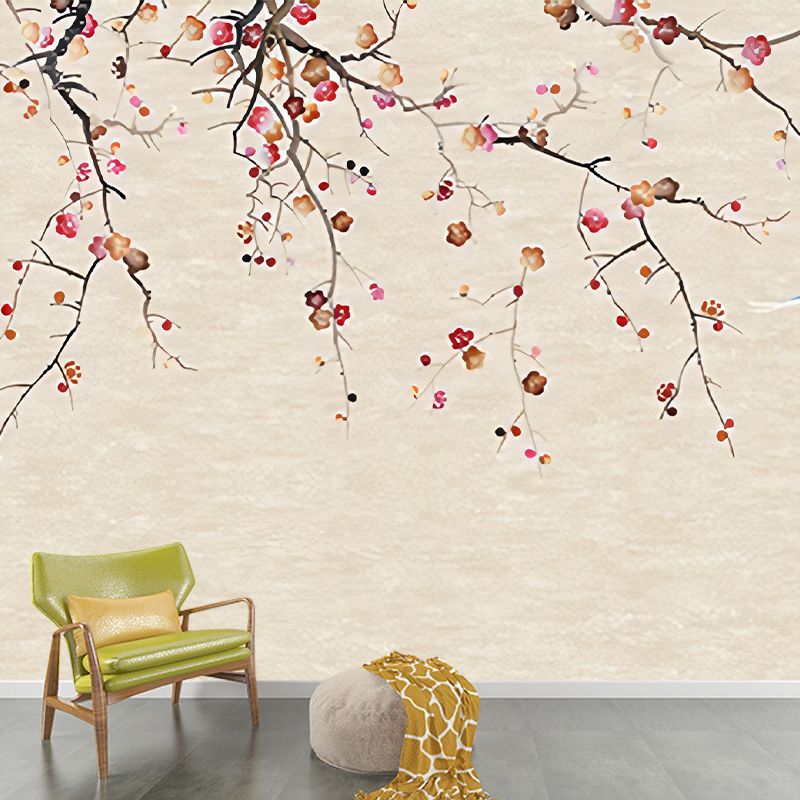 Oriental Blooming Plum Wall Murals for Living Room Custom Wall Covering in Pastel Color