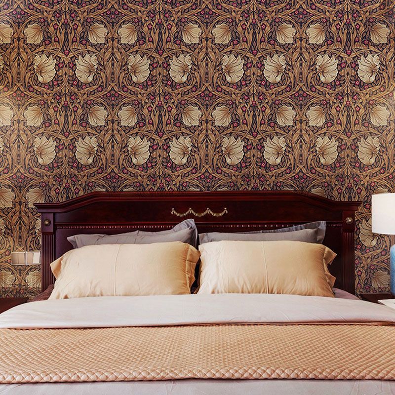 57.1 sq ft. Rural Wallpaper Roll for Bedroom Decor with Garden Flowers Design in Dark Red