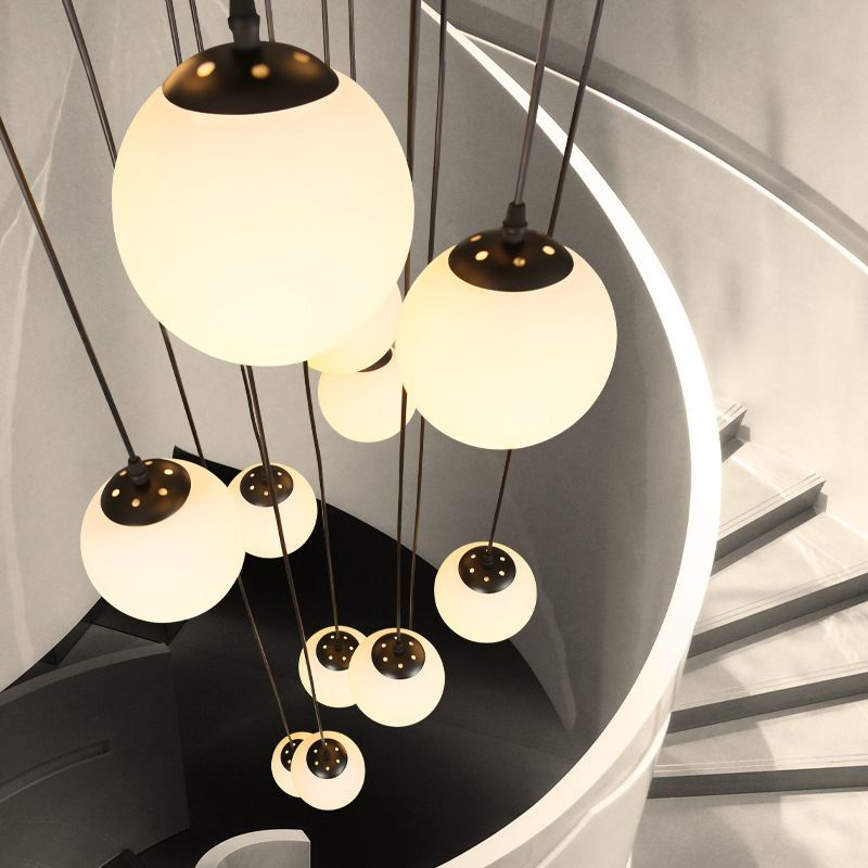 White Glass Cluster Globe Pendant Simplicity Black Multi-Light Ceiling Lamp for Staircase