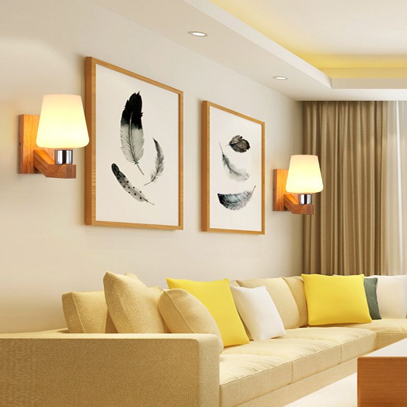 Wooden Shaded Wall Sconce Lighting Simplicity Style White Wall Mount Light Fixture