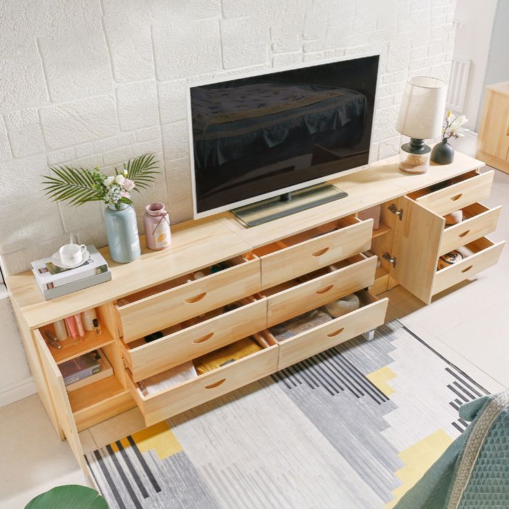 Scandinavian Style TV Stand Pine Wood Open Enclosed Storage TV Console