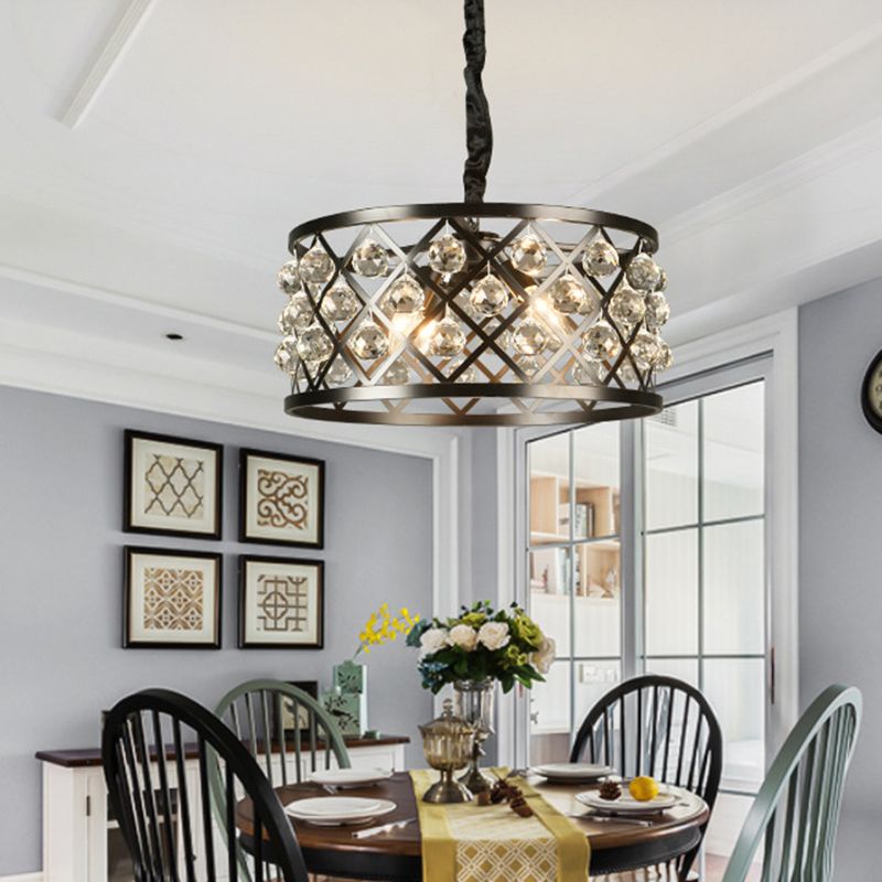 Drum Living Room Suspended Lighting Fixture Crystal Encrusted Modern Ceiling Suspension Lamp in Black