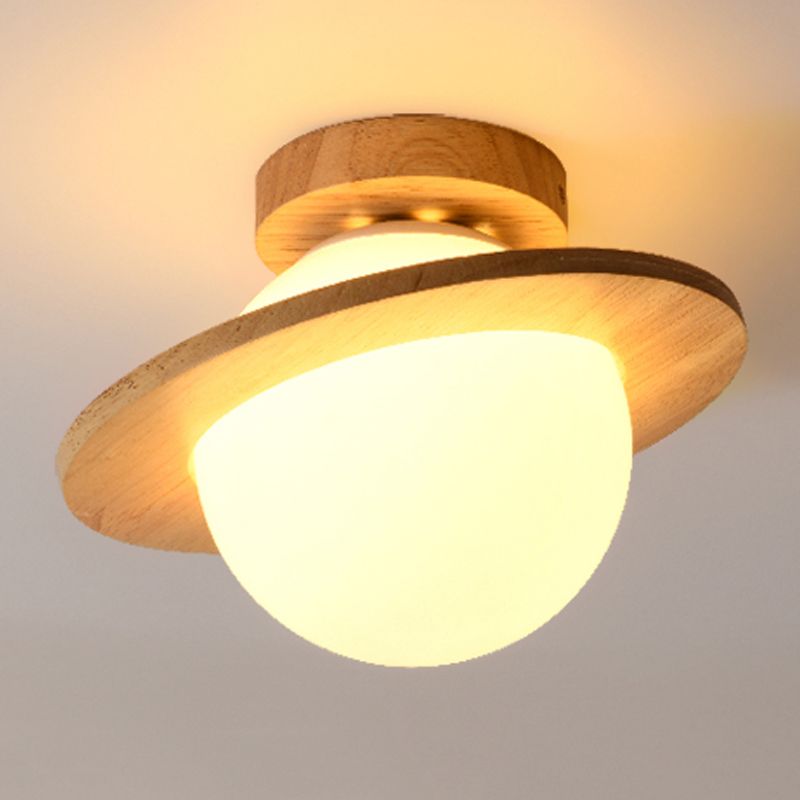 Contemporary Sphere Flush Light Fixture Wood 1 Light Flush Mount Lamps in Brown