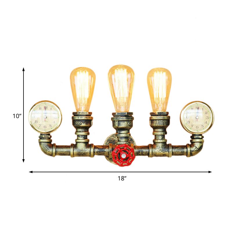 3 Lights Pipe Wall Lighting with Gauge and Valve Decoration Rustic Stylish Antique Brass Metal Wall Mount Light