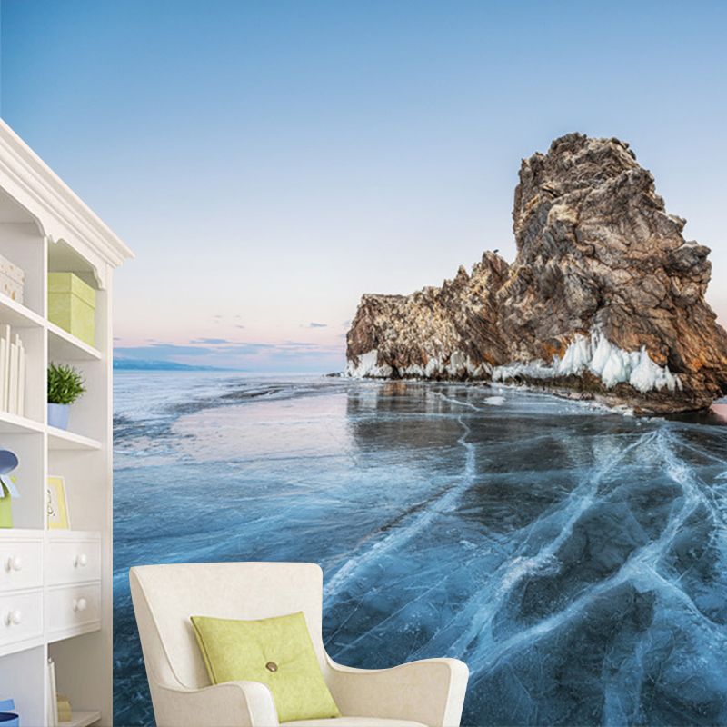 Mountain on Frozen Sea Mural Wallpaper Modern Non-Woven Material Wall Covering in Blue