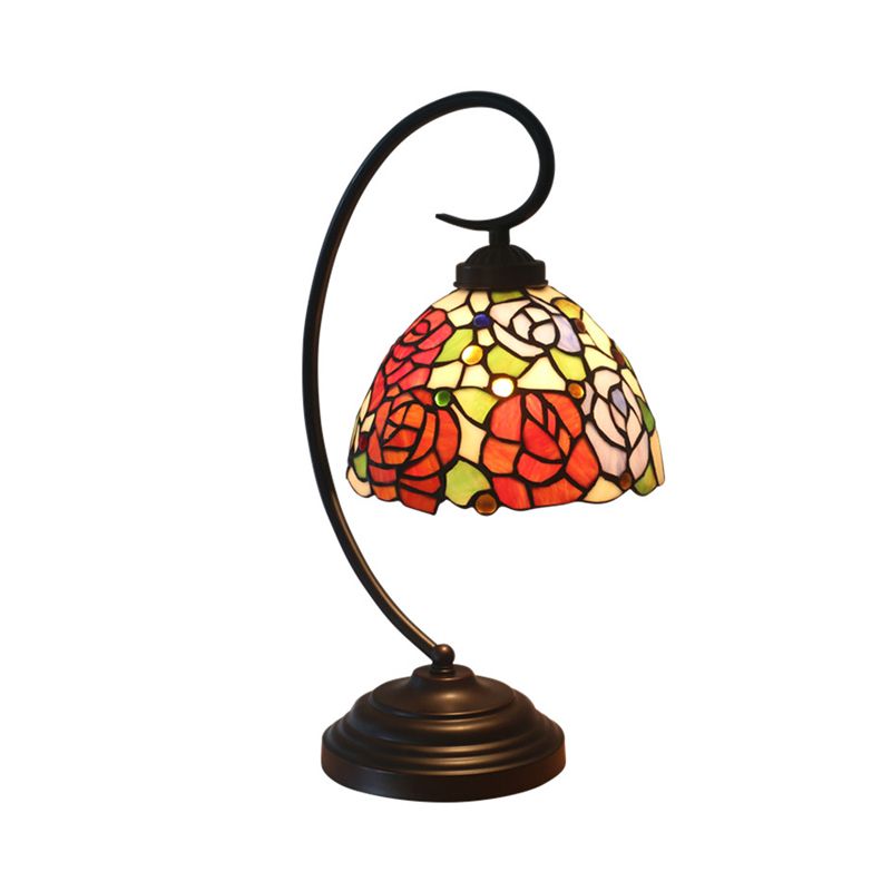 Dome Shade Table Light Victorian Hand Cut Glass 1 Light Red/Orange Nightstand Lighting with Rose Pattern