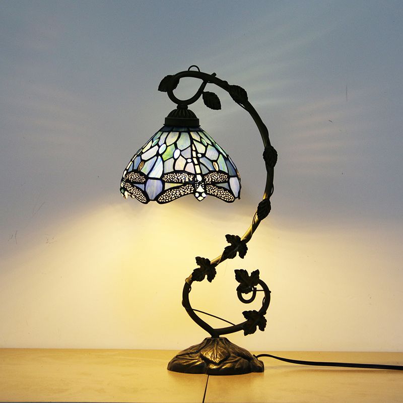 Weathered Bronze Gooseneck Table Lamp Traditional Stained Glass 1 Bulb Bedroom Night Light