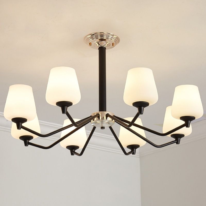 8/10 Lights Sputnik Chandelier Traditional Black Milky Glass Pendant Light Fixture with Cup Shade