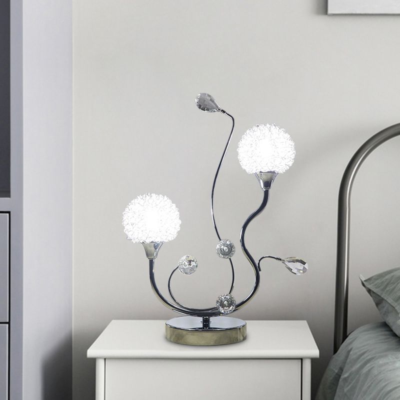 Chrome Finish Dandelion Nightstand Light Modernist 2 Lights Metallic Night Lamp with Crystal Accent