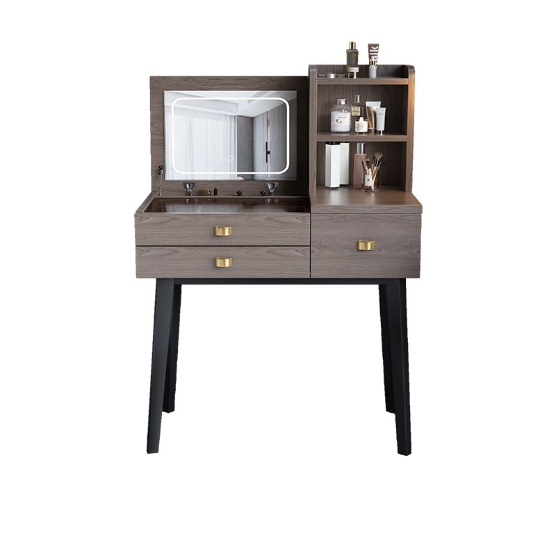 Flip-Top Vanity Table 3-Drawer Stool Vanity Set with Storage Shelves