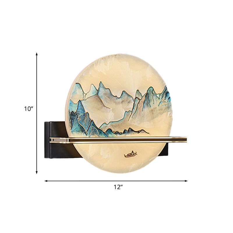 Blue and White Hills Painting Mural Light Chinese Metal LED Flush Wall Sconce for Bedside