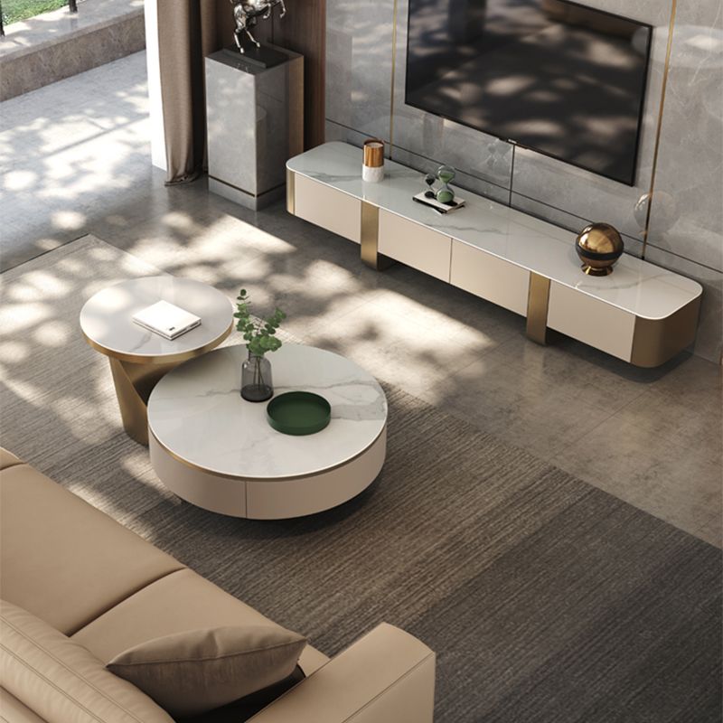 Round Pedestal Coffee Table Glam Stone Cocktail Table with 2 Drawers