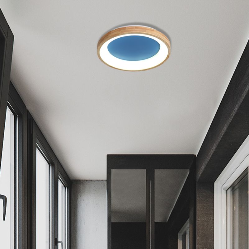 Wood Circular Thin Flushmount Lighting Nordic Style Green/Blue LED Ceiling Mounted Light, 12"/16"/19.5" Width