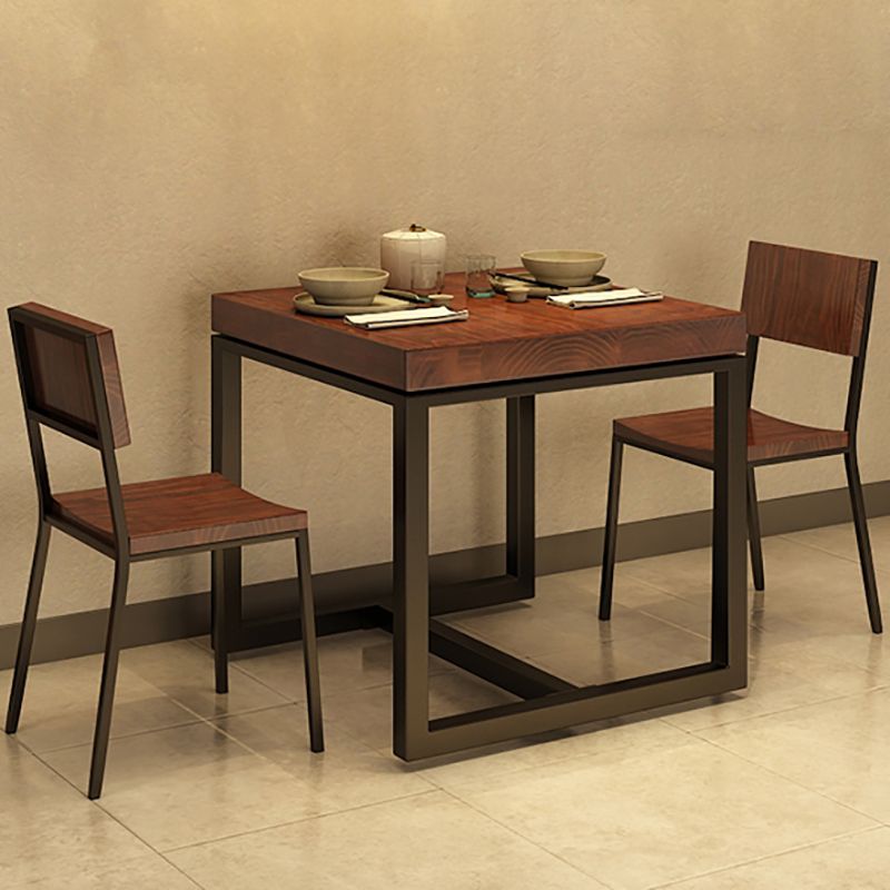 Solid Wood Top Dining Table Industrial Square Black Iron Trestle Base Table