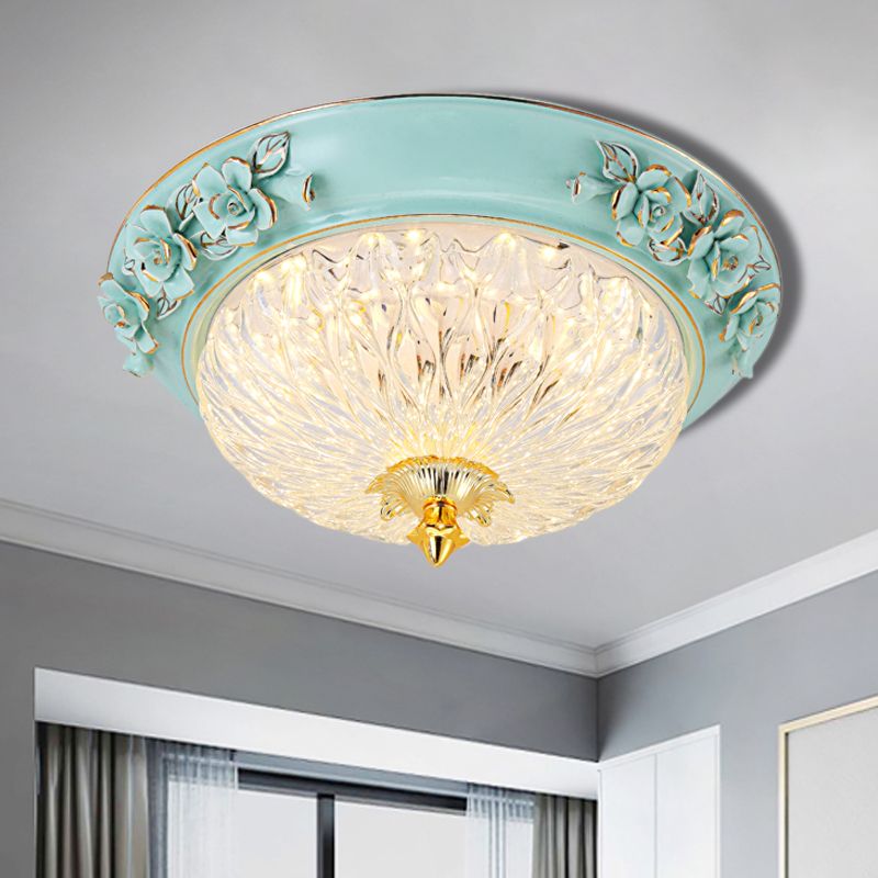Bowl Up Design Flush Light Fixture Retro Style LED Clear Glass Ceiling Lamp in Blue for Dining Room, 11"/15" W