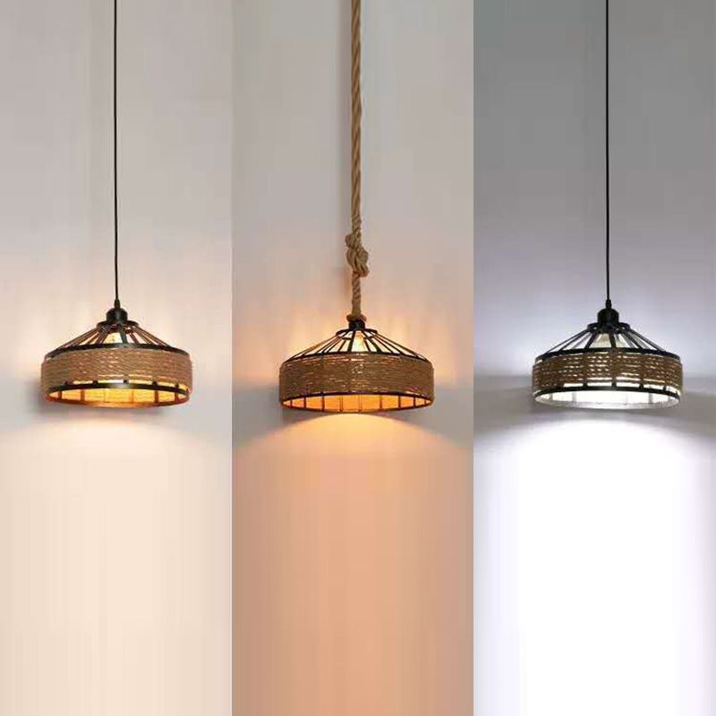 Rope Drum Pendant Light Fixture Warehouse-Style Restaurant Hanging Light Kit in Beige