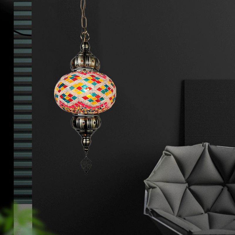 1 Head Cut Glass Ceiling Pendant Light Traditional Beige/Yellow/Blue Oval Dining Room Hanging Light Fixture
