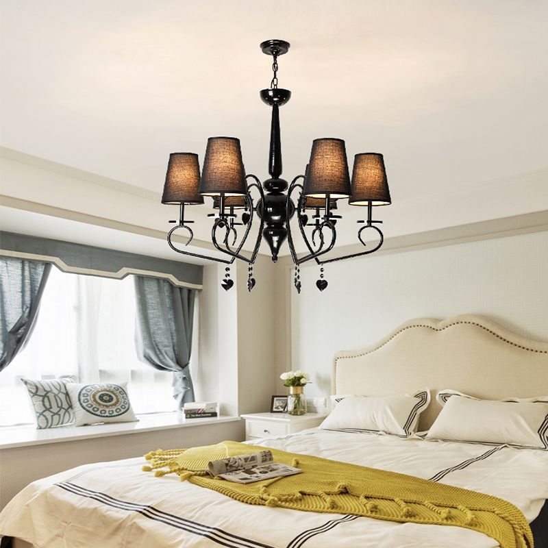 Fabric Tapered Hanging Ceiling Light Rustic 6/9 Lights Living Room Chandelier Light in Black