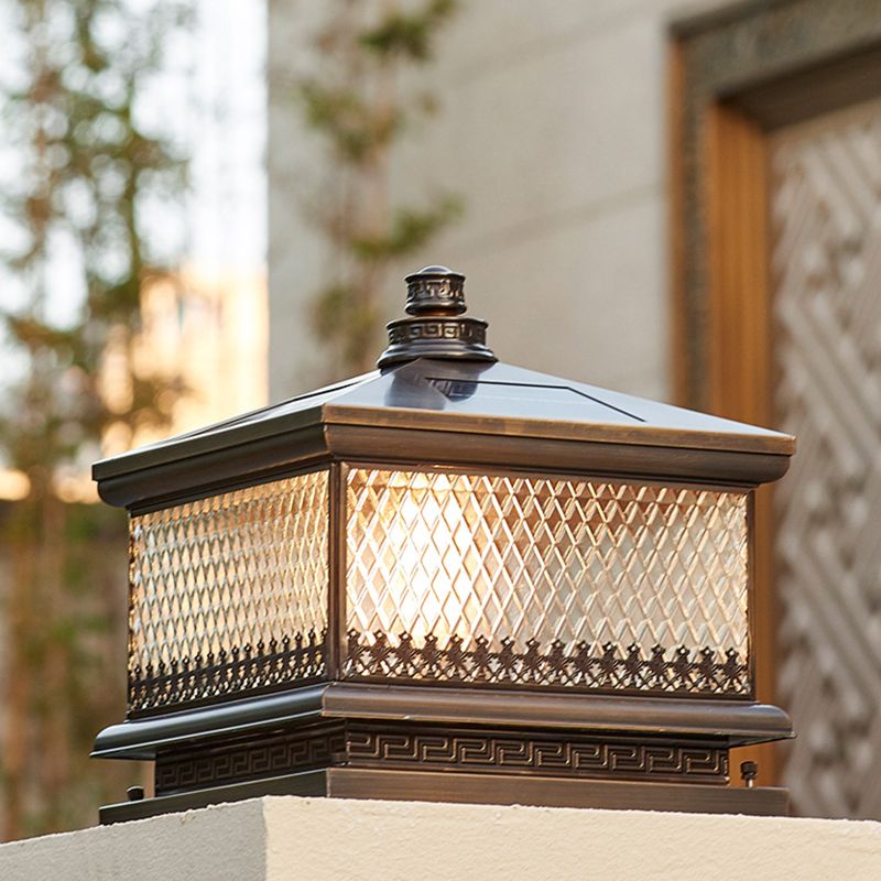 Rectangular Shape Metal Solar Pillar Lamp Modern Style 1 Light Outdoor Lights in Bronze