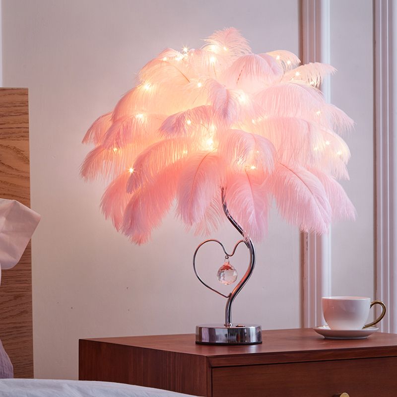 Table de plumes de palmier Éclairage d'éclairage moderne de table de chevet rose romantique / blanc à LED avec goutte de cristal K9