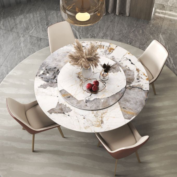 Round Dining Set 1/3/4/5/7 Pcs Stone Dining Table and Upholstered Chairs