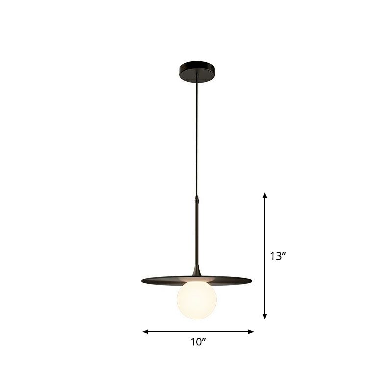 Flat Metallic Ceiling Light Simplicity Single-Bulb Hanging Pendant Lamp with Ball White Glass Shade