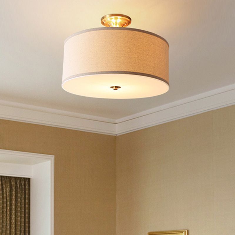 Traditional Drum Shaped Semi Flush Mount Fabric Flush Ceiling Light Fixture in Beige