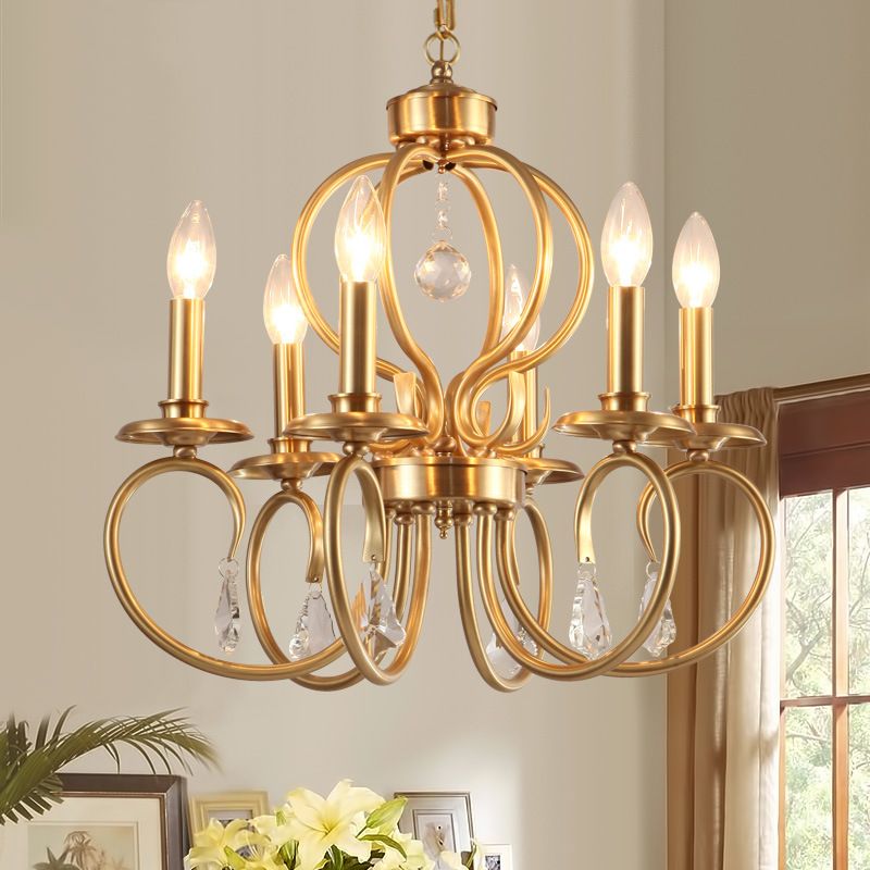 Gold Candle Chandelier Lighting Nordic Metal 6/8 Bulbs Hanging Ceiling Light with Curved Arm