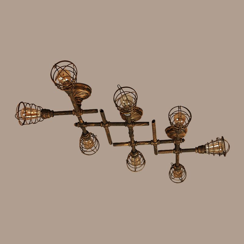 Industrial Intersecting Piping Ceiling Light 4/5/8 Heads Iron Semi Flush Mounted Light with Cage Guard in Brass