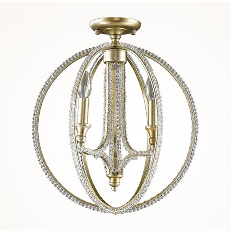 Crystal Gold Finish Semi Flush Lighting Globe 3 Heads Traditional Close to Ceiling Lamp for Living Room