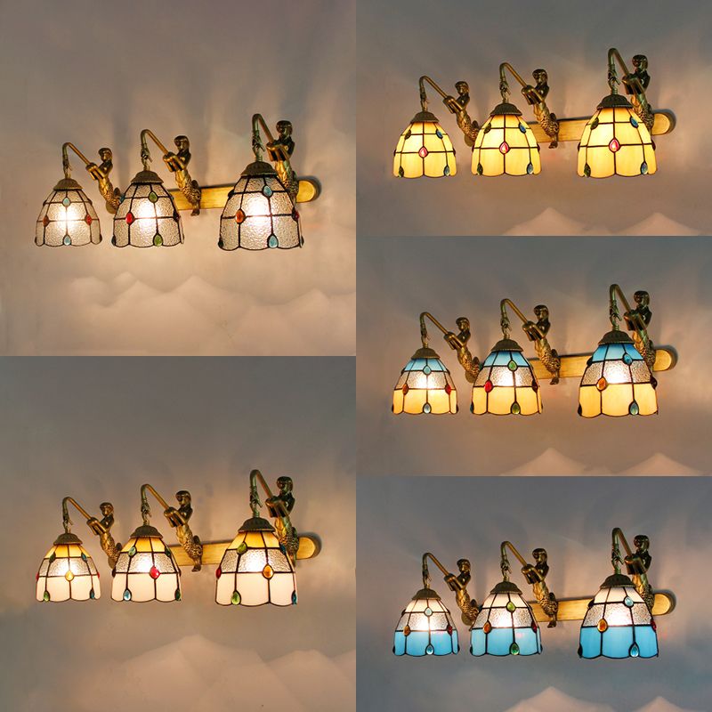 Jeweled Wall Light Fixture 3 Heads Yellow-White/Clear/Yellow-Blue Glass Tiffany Sconce Lighting with Mermaid Backplate
