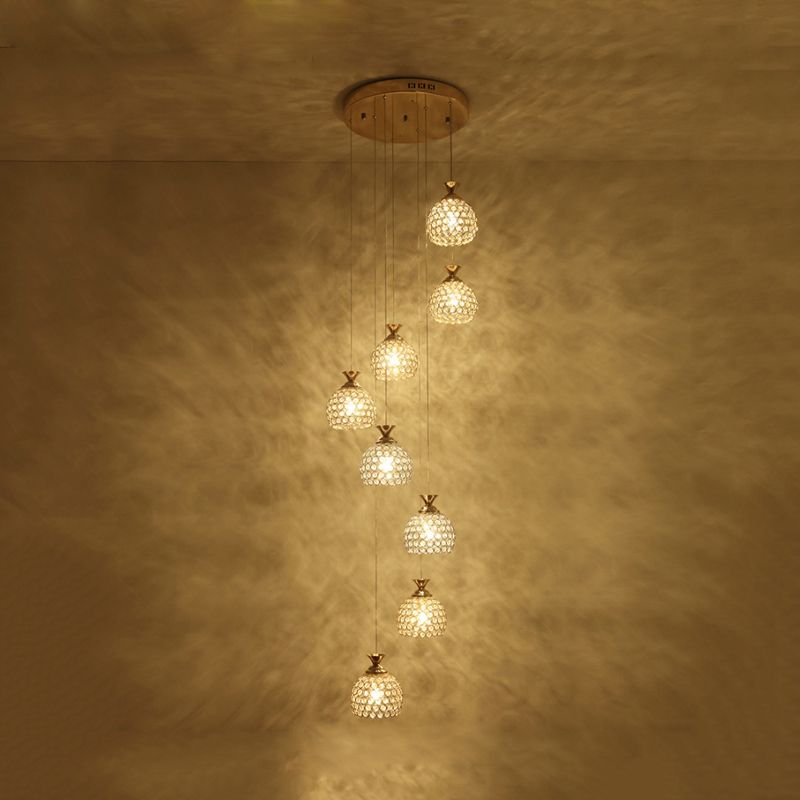 Gold 8-Light Hanging Lighting Contemporary Crystal Dome Shade Multi Lamp Pendant with Spiral Design