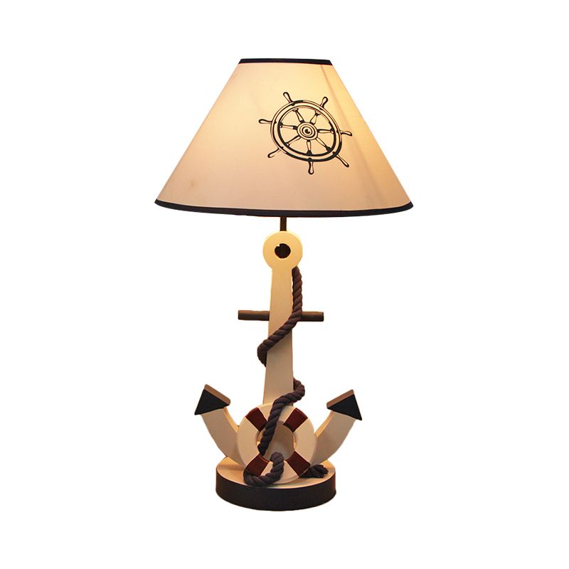 LifeBuoy / Rudder Wooden Table Light Kids Light Blue Blue Nightstand Lampe avec une teinte en tissu conique