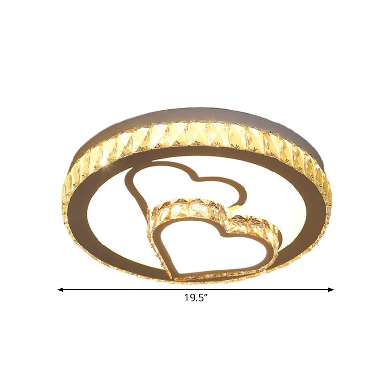 Chrome LED Heart and Round Flush Mount Simplicity Crystal Block Close to Ceiling Lamp in Warm/White Light