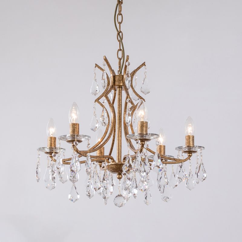Gold 6 Bulbs Chandelier Lighting Vintage Faceted Crystal Single Tier Ceiling Pendant Light with Bobeche