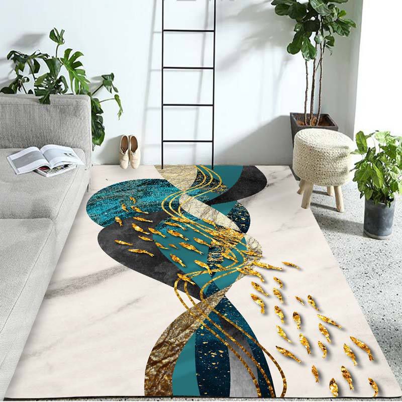 Washable Modernism Blue Green Polyester Area Rug with Fish Group Pattern Parlor Mat
